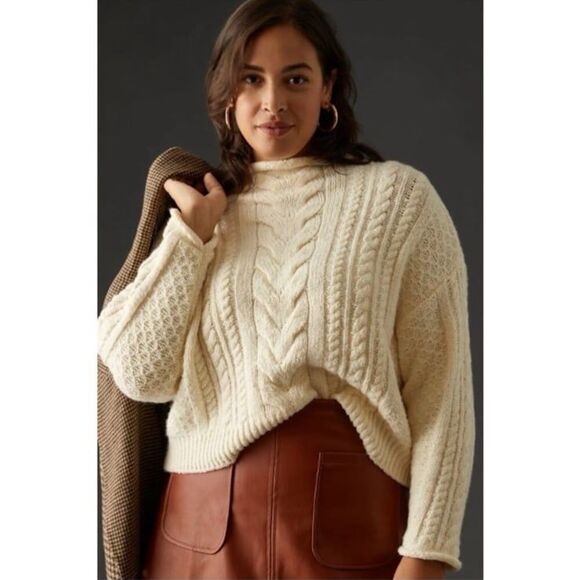 Anthropologie Pilcro Rolled Mock Neck Cable Knit Sweater Pullover in Ivory White - Picture 5 of 12